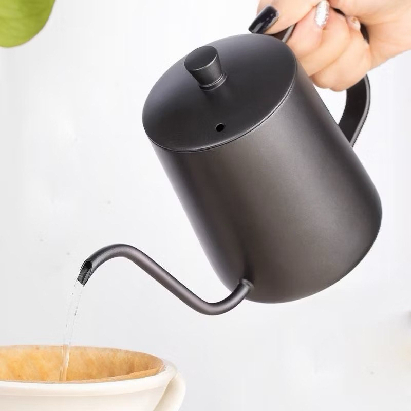 Bình, Ấm Đun Nước Cổ Ngỗng Rót Pha Cà Phê Vòi Dài Inox 304 có Nắp 600ML