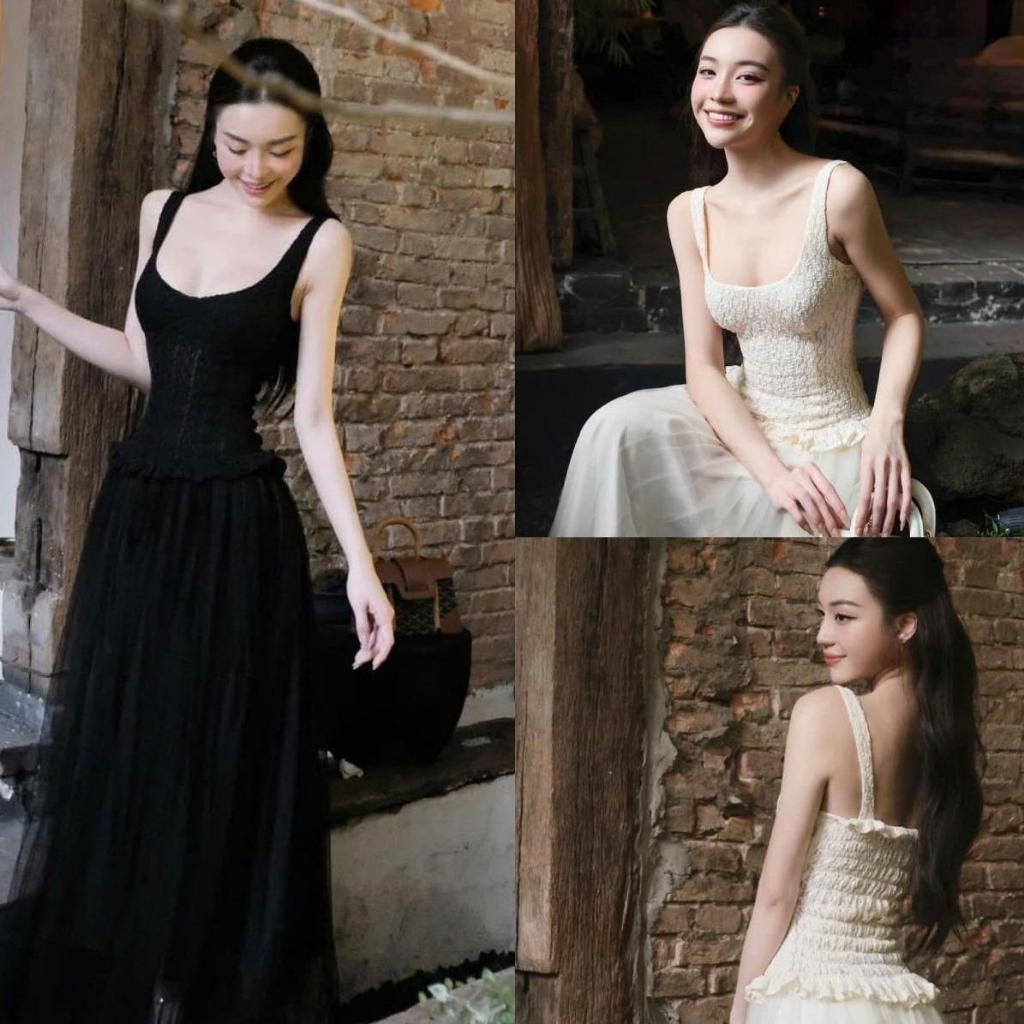 Váy liền C96 ren phối lưới dáng xoè dài Nhung Voi