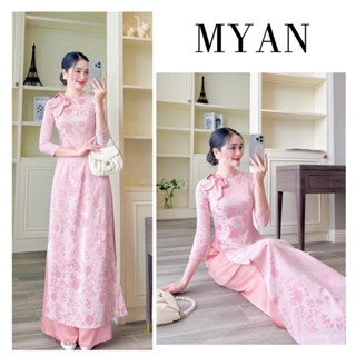 [SẴN HÀNG] Áo dài cách tân,truyền thống GẤM HOA GẮN NƠ cổ tròn màu hồng ,áo dài giáo viên,áo dài hot trend 2025