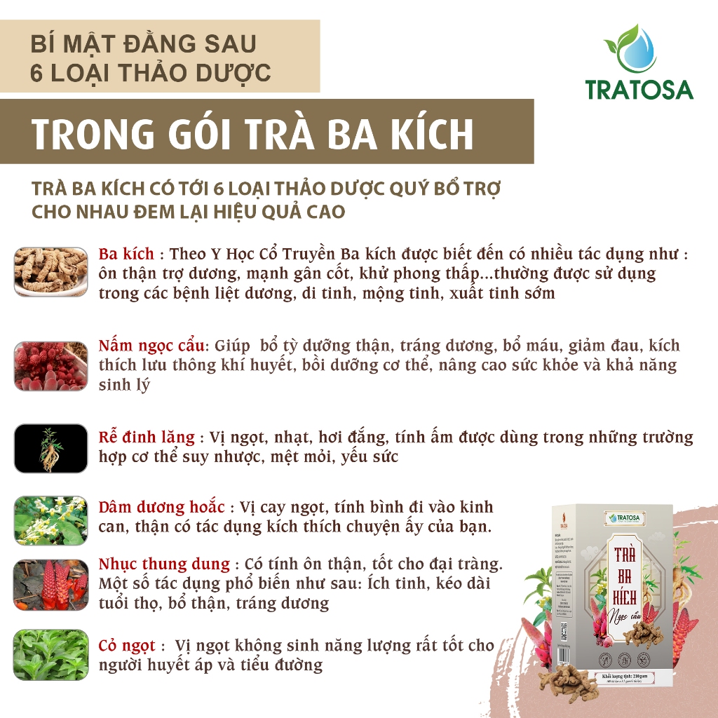 Trà ba kích ngọc cẩu 6 vị giúp Bổ thận,tráng dương,cải thiện thận yếu,đau lưng,tiểu đêm, ngăn ngừa xuất tinh sớm TRATOSA