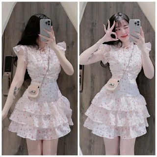 Đầm Váy Nữ Xốp Hoa Xòe Xếp Ly Tầng Cánh Tiên Tone Màu Phối Nhẹ Nhàng Style Bánh Bèo, Xinh Xắn Diện Đi Chơi, Hẹn Hò