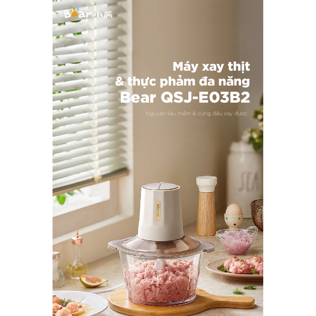 Máy Xay Thịt Đa Năng 2L Bear QSJ-B02Q1, 300W, Cối Thủy Tinh Xay Rau Củ Sinh Tố Nhuyễn, BH 18 Tháng