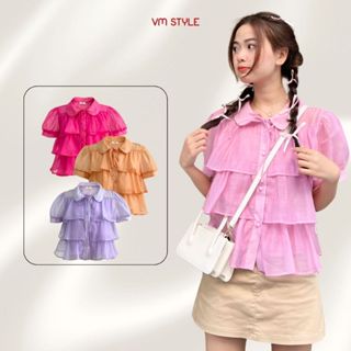 Áo kiểu nữ VMSTYLE form babydoll 3 tầng chất voan tay phồng nút ngọc basic thời trang đi học, đi chơi ASU00026