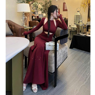 Đầm váy yếm đỏ đen khoét nách cách điêu tay áo dài chất co dãn, Váy nữ cách điệu mix yếm dáng maxi TỰ MAY LẠI T1