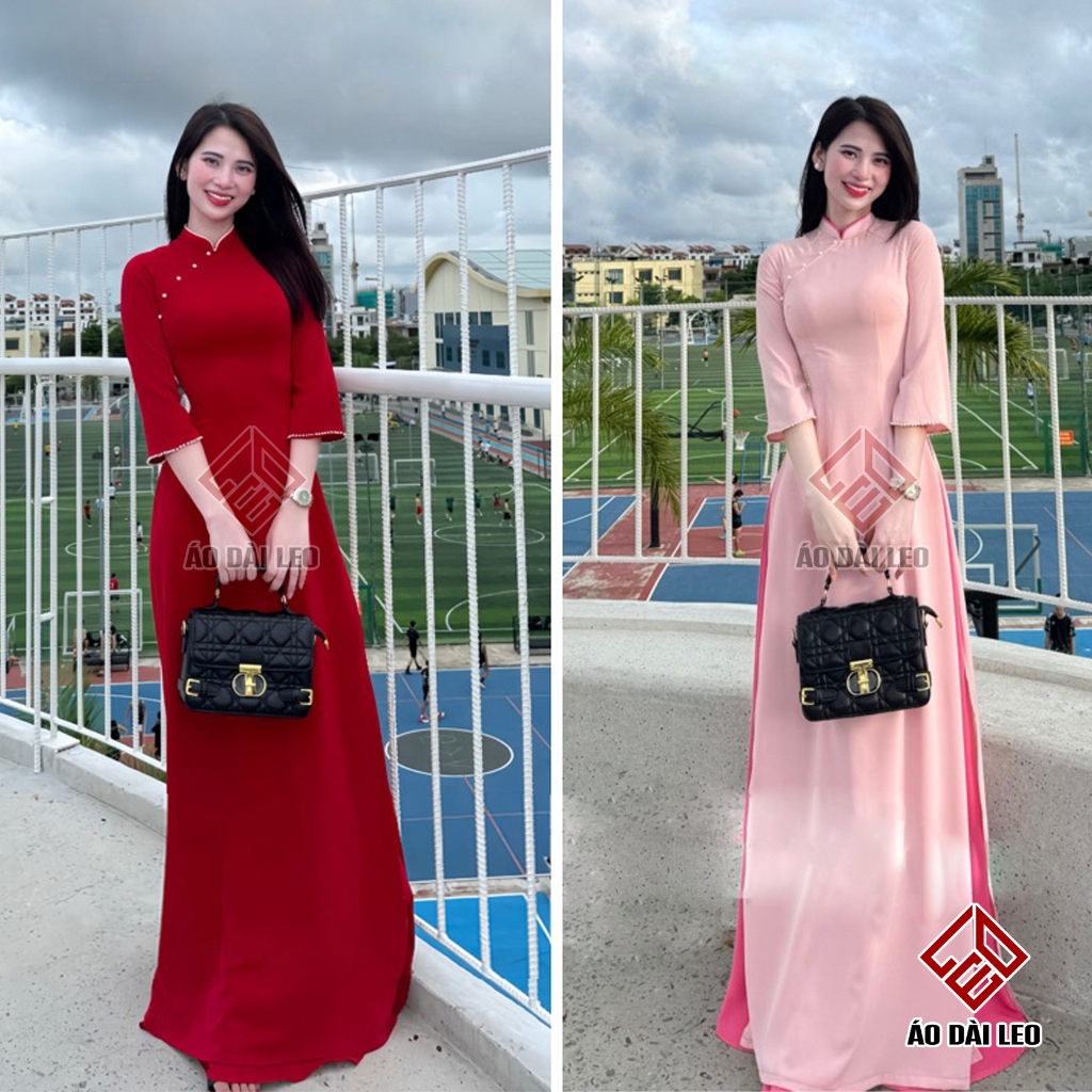Áo Dài Truyền Thống Lụa Mỹ Tay Loe Né Viền Ngọc Cách Điệu Hàng May Sẵn
