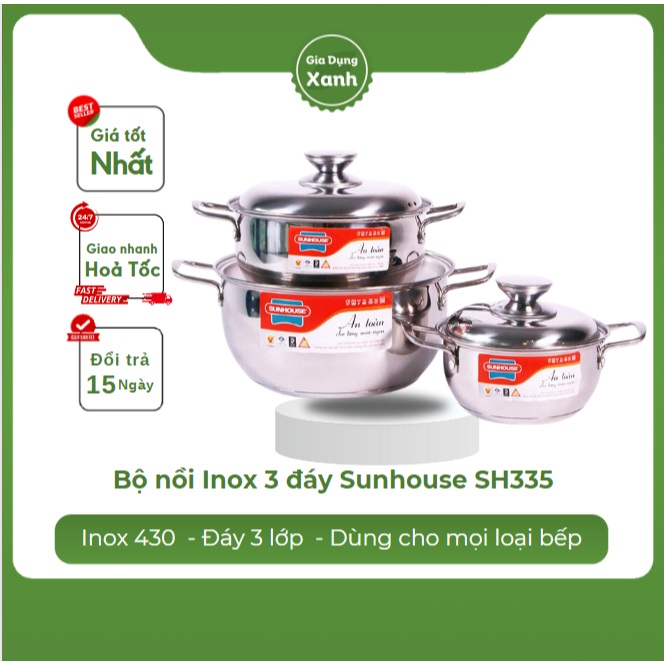 Bộ nồi Inox 3 đáy Sunhouse SH335 size 16 - 20 - 24cm, Bộ nồi inox đáy từ 3 lớp dùng mọi loại bếp