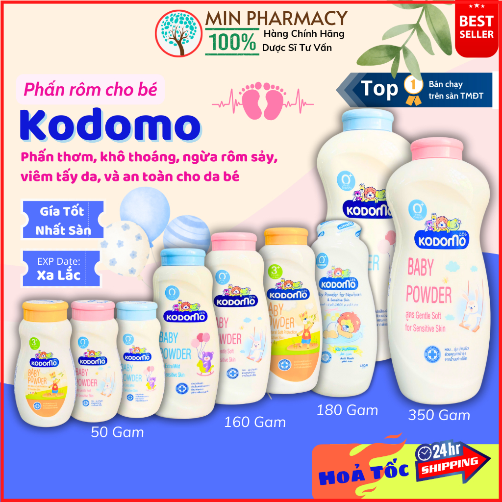 Phấn em bé KODOMO Thái Lan baby powder Ngừa rôm sẩy đủ size - Minpharmacy