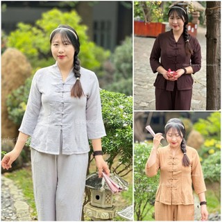 Đồ lam đi chùa nữ, quần áo đi chùa la hán truyền thồng Thiên Di chất đũi mềm dành cho phật tử D46
