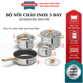  BỘ NỒI CHẢO INOX 5 ĐÁY SUNHOUSE SHG789 - Hàng chính hãng 