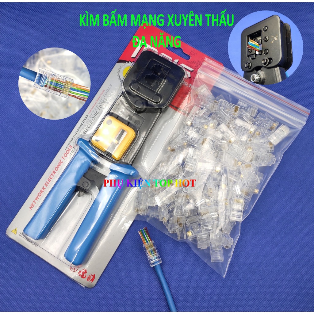 Combo Kìm bấm mạng xuyên thấu, hạt mạng xuyên thấu CAT6/5E/5 chất lượng cao