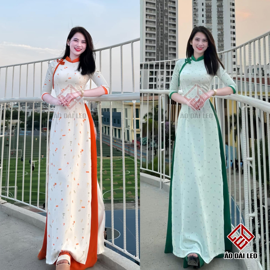 Áo Dài Hoa Nhí Lụa Mango Cổ Phối Màu Đính Nơ Nhẹ Nhàng Hàng May Sẵn