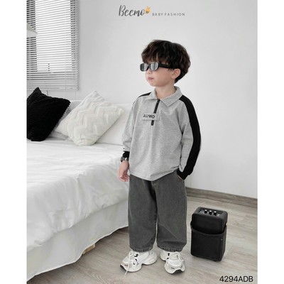 Áo dài tay polo Beemo phối khoá cổ vải cotton dày dặn cho bé trai từ 9-25kg 4294ADB
