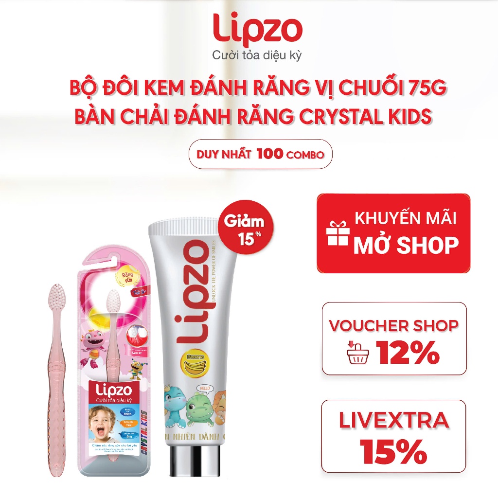 Bộ Đôi 01 Tuýp Kem Đánh Răng Trẻ Em Lipzo Vị Chuối 75g Và 01 Bàn Chải Đánh Răng Crystal Kids