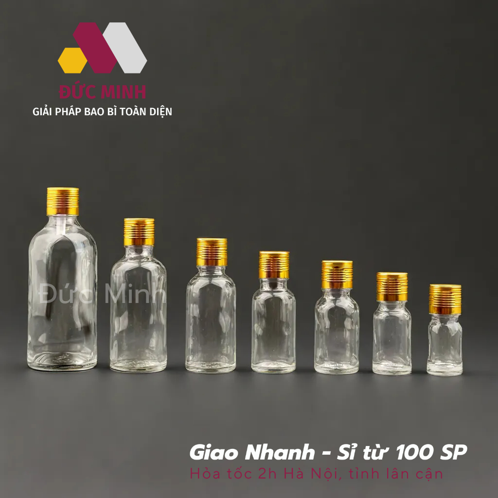 Lọ đựng tinh dầu thủy tinh trong nắp nhôm vàng 5ml/10ml/15ml/30ml/50ml/100ml [Giá sỉ/lẻ]