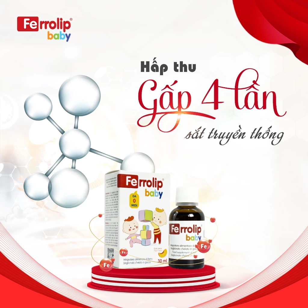 Sắt Ferrolip Baby dạng siro vị đào thơm ngon lọ 30 ml ngăn ngừa thiếu máu do thiếu sắt ở trẻ nhỏ