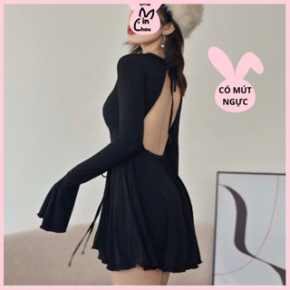 Váy body nữ tay dài hở lưng có mút ngực MINCHOU Đầm nữ dáng xoè ngắn màu đen cá tính vải mềm