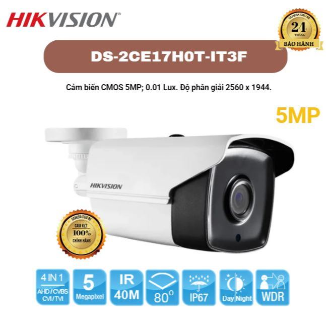 Camera HIKVISION DS-2CE17H0T-IT3F, 4 in 1 hồng ngoại 5MP, Cảm biến CMOS 5MP; 0.01 Lux, IR 40m.