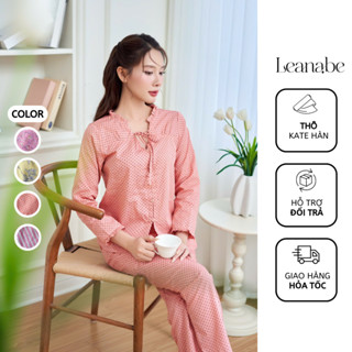 Bộ Ngủ Pyjama Vải Thô Kate Dáng Áo Tay Dài Quần Dài, Bộ Mặc Nhà Thoáng Mát Thấm Hút Mồ Hôi Leanabe Homewear 24T12