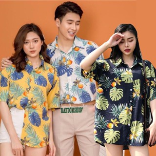 Áo sơ mi nam đi biển vải đũi mềm mát họa tiết lá đào thích hợp mặc nhóm, đồng phục đi biển.