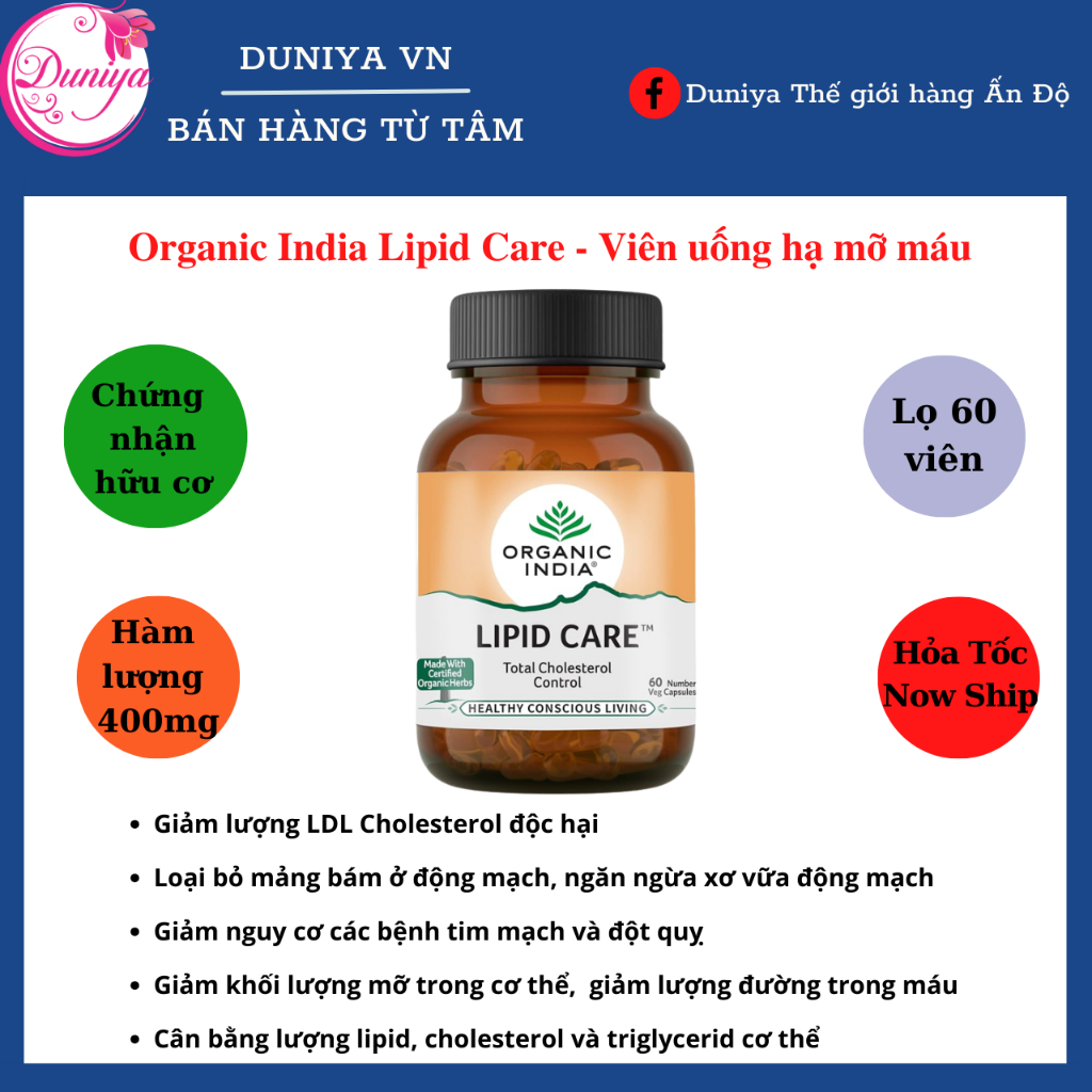 Viên uống hỗ trợ giảm mỡ máu Organic India Lipid Care