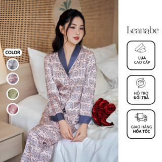 Bộ Ngủ Pyjama Nữ Lụa Vân Gỗ Cao Cấp Áo Tay Dài Quần Dài, Bộ Mặc Nhà Nữ Thu Đông Lụa Dài Tay Leanabe Homewear 24V11