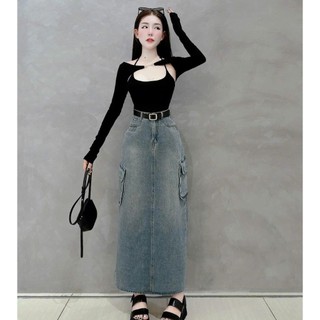 Đầm Váy Nữ Thiết kế Áo thun kiểu cổ yếm kềm khoác ngoài tay dài phối chân váy Jean Quảng Chau kềm nịt