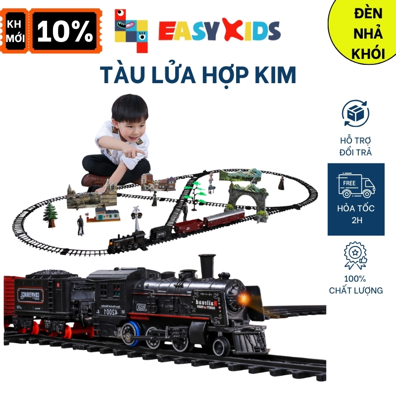 Tàu lửa, tàu hỏa đồ chơi đường ray cho bé nhiều phiên bản nhả khói hơi nước, có đèn và âm thanh