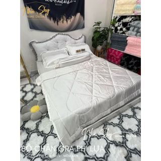 Trọn Bộ Drap Giường Phi Lụa Bóng Cao Cấp Màu Trắng Đủ Size - Set 4 Món và 5 Món - Nhà Shy Home Decor