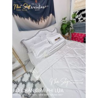 Trọn Bộ Drap Giường Phi Lụa Bóng Cao Cấp Màu Trắng Đủ Size - Set 4 Món và 5 Món - Nhà Shy Home Decor