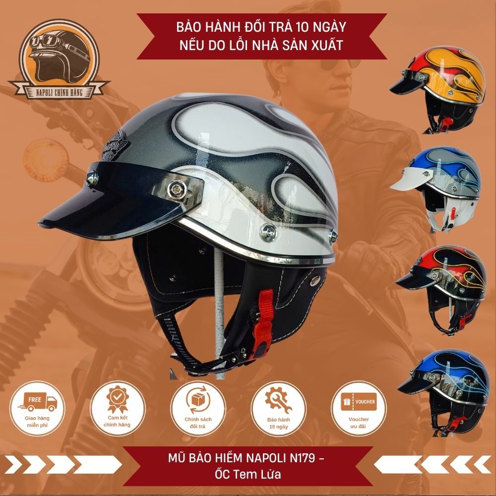 Mũ Bảo Hiểm Napoli Nửa Đầu [CHÍNH HÃNG] [FREESHIP] - Nón Bảo Hiểm 1/2 Napoli N179 Retro Tem Lửa