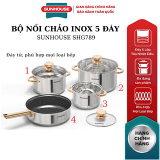 [chính hãng] BỘ NỒI CHẢO INOX 5 ĐÁY SUNHOUSE SHG789