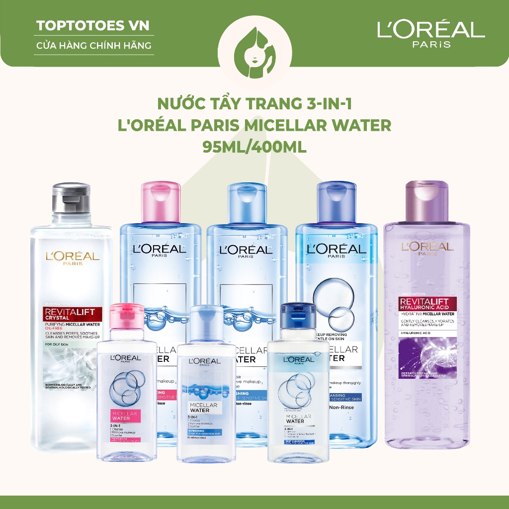 Nước Tẩy Trang Làm Sạch Sâu Cho Da 3 - In - 1 L'oreal Paris Micellar Water 95Ml/400Ml [Nhập Khẩu Chính Hãng 100%]