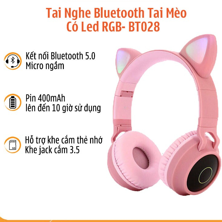 Tai Nghe Mèo bluetooth có mic Headphone Tai Bluetooth 5.0  BT028 Có Micro Đàm Thoại, Chơi Game. Head