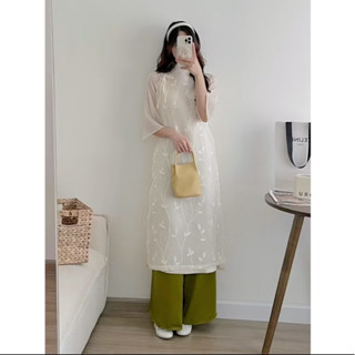 Áo dài voan tơ thêu hoa lá tay lỡ tặng kèm bờm - Lymz Store