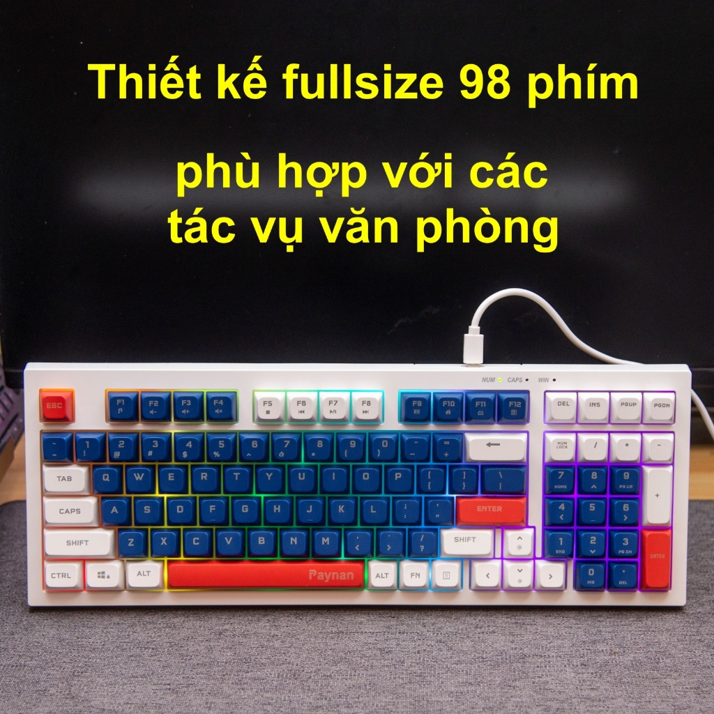 Bàn phím văn phòng P2 Paynan chống ồn kết nối cáp rời 98 phím đèn led Rainbow keycap 3 màu năng động | BigBuy360 - bigbuy360.vn