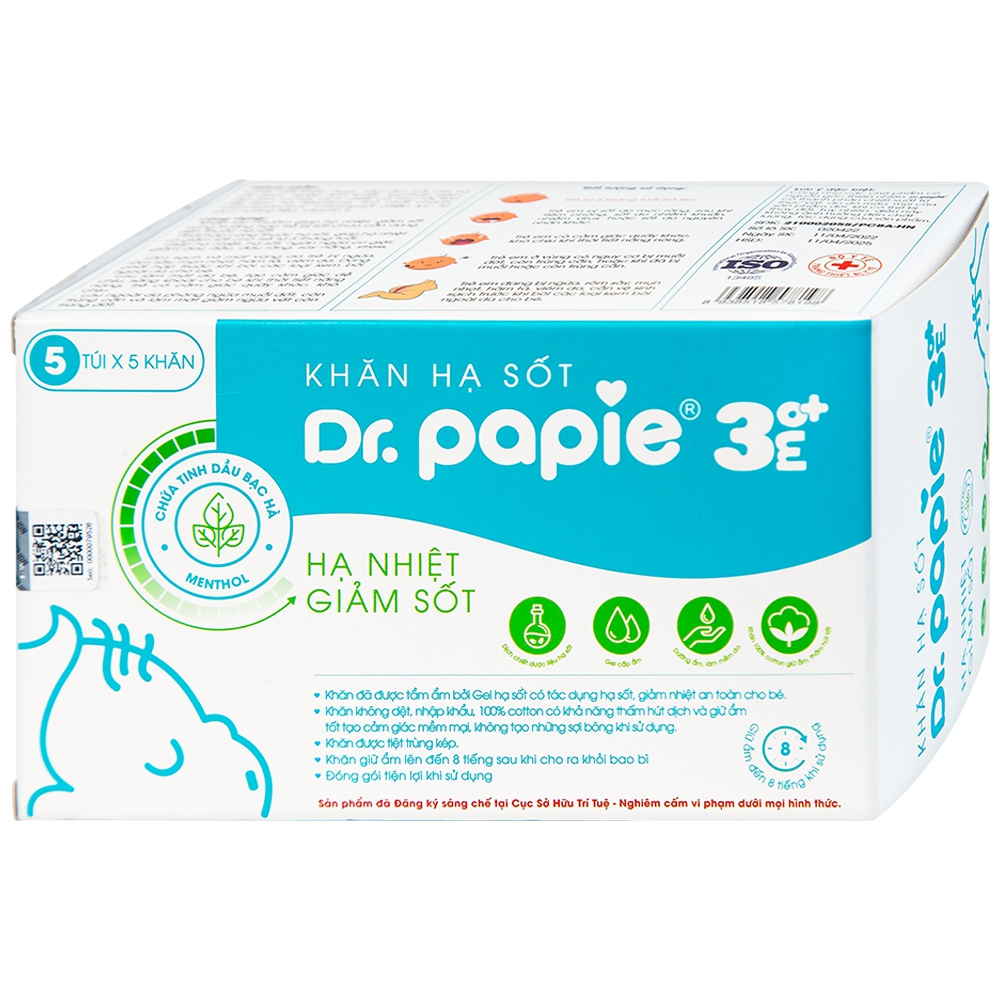 Khăn lau hạ sốt Dr.Papie 3mo+ an toàn cho trẻ từ 3 tháng tuổi