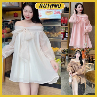 Váy áo babydoll trễ vai tay phồng nơ ngực tơ mềm 2 lớp dày dặn,đầm bánh bèo tiểu thư dự tiệc sang chảnh V203 SUTANO