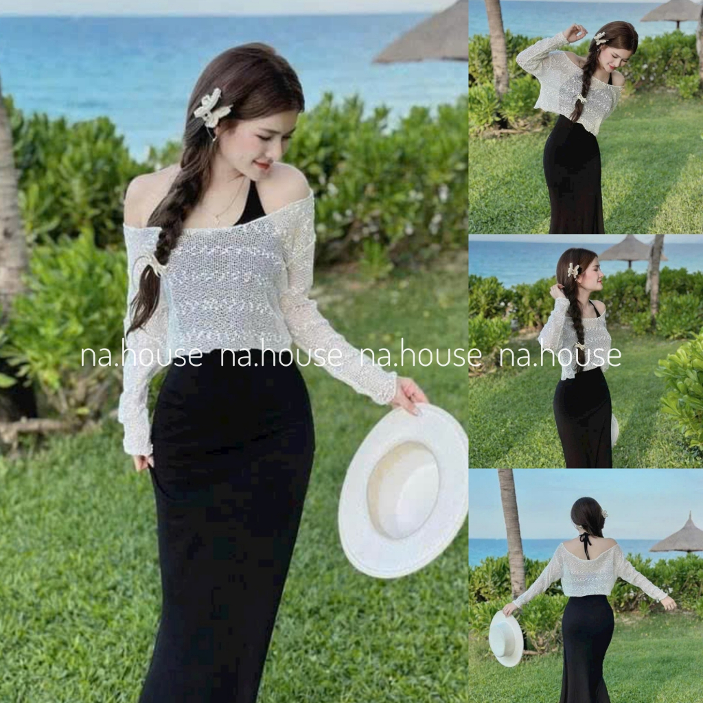 Đầm cổ yếm đen kèm áo trễ vai trắng đi chơi đi biển dạo phố Nahouse set váy nữ 2 món thiết kế đẹp xinh xắn sang trọng