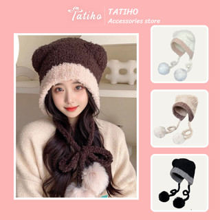 Mũ Len Tai Gấu Unisex, Nón Len Dệt Kim Đính Quả Bông Xinh Xắn Ngọt Ngào Thời Trang Thu Đông Hàn Quốc - Mã NL048