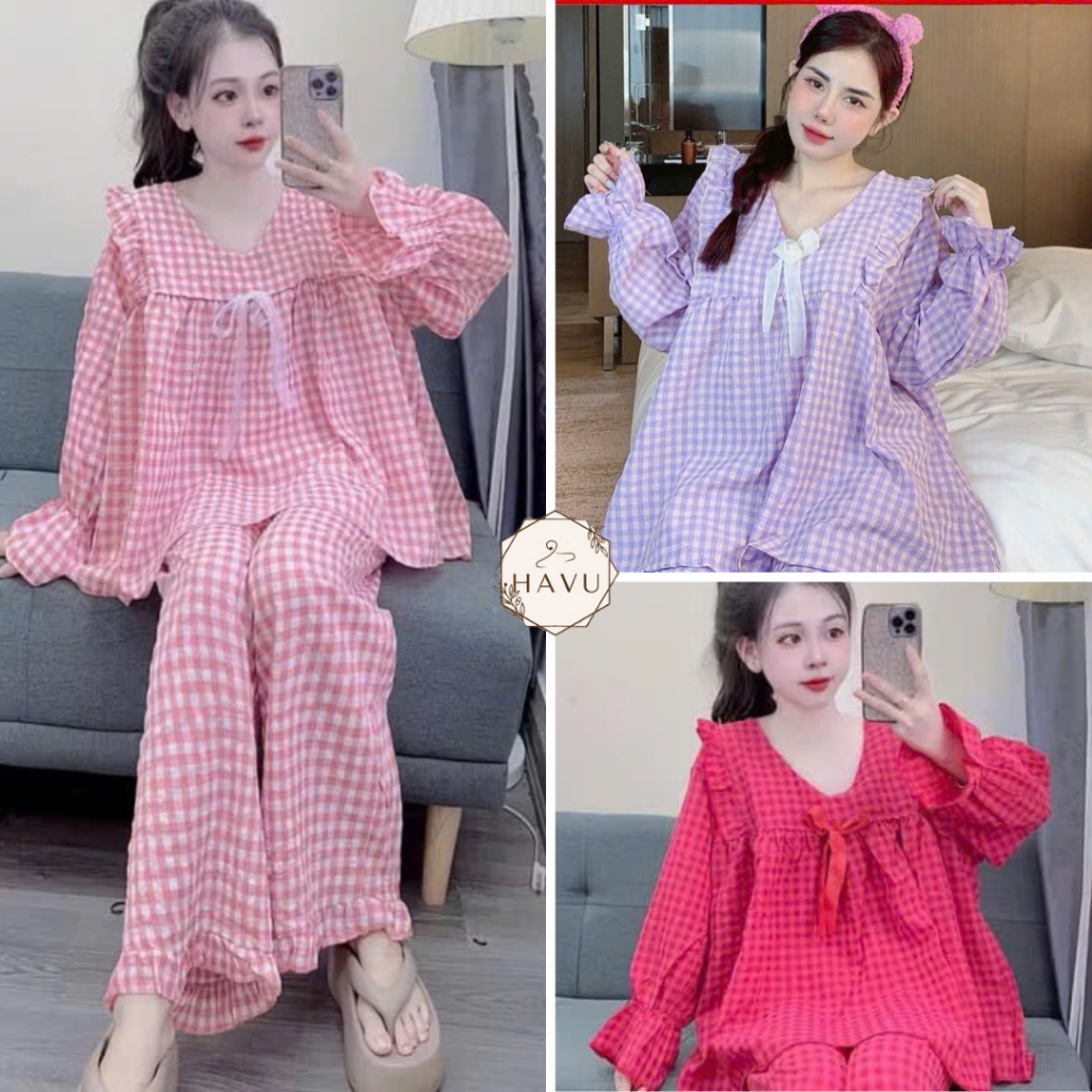 Set đồ bộ nữ babydoll họa tiết kẻ caro chất đũi xốp siêu xinh, set pijama kẻ kiểu dáng babydoll bánh bèo tiểu thư B1