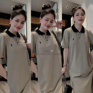 Váy Polo, Đầm Suông Cổ Sen Thêu Mèo Phối Màu Cổ From Rộng, Dáng Dài Chất Poly Cá Sấu Loại Đẹp