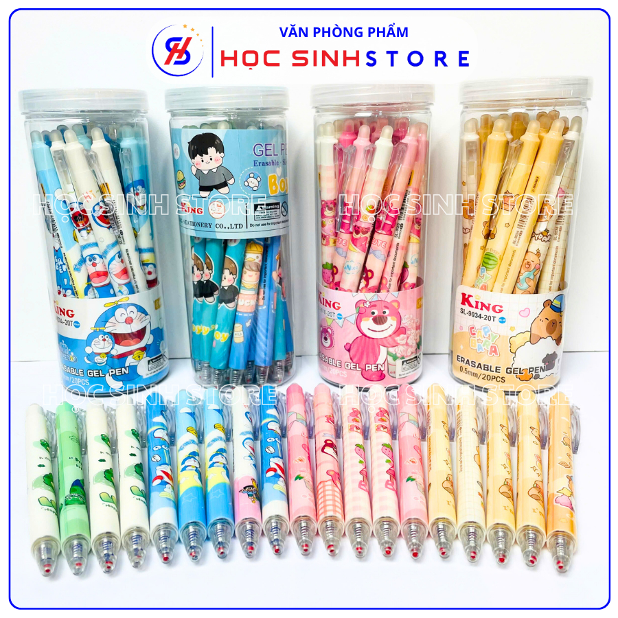 Lon 20 Cây Bút Gel Bấm Xóa Được King Ngòi Bi 0.5mm (Mực Xanh/Tím) (Giao Mẫu Cho Bé Trai Và Bé Gái) - Học Sinh Store