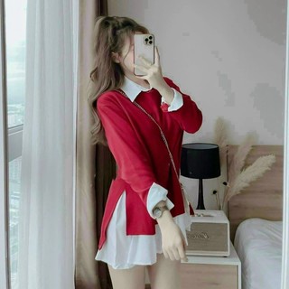 [Đầm] Set đầm đi chơi thiết kế phong cách đơn giản với đầm form rộng cổ tròn kèm áo sơ mi dài tay chất ford