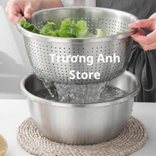 Bộ thau rá rổ inox 304 vo gạo, rửa rau củ quả tiện lợi, Chậu kèm rổ rá inox dày đẹp sáng bóng nhiều size dễ sử dụng