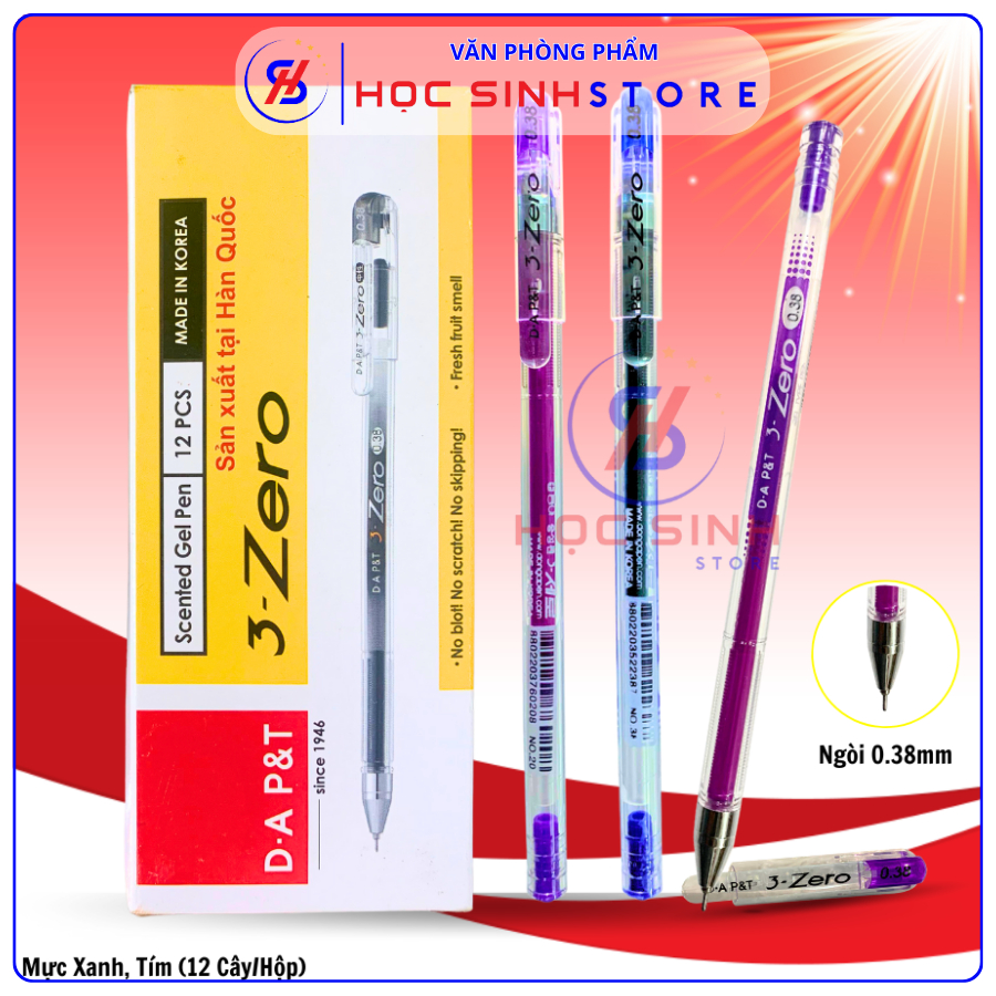 Hộp 12 Cây Bút Gel 0.38mm 3-Zero D.A P&T Hàn Quốc (Mực Xanh/Tím/Đỏ/Đen) - Học Sinh Store
