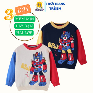 Áo len bé trai 2 lớp robot FAMBY áo ấm dài tay cổ tròn dày dặn mềm mịn trẻ em 13-30kg