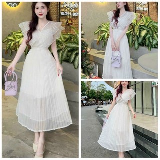 Đầm Xòe Cotton Lạnh Phối Voan Dập Ly Kèm Lá Cổ Thêu Siêu Xinh Đính Dây Đá, Đầm Dự Tiệc Tiểu Thư Sang Trọng💥