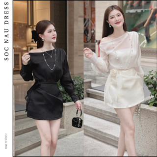 Set Đồ Nữ Áo Sơ Mi Voan Trễ Vai Tay Dài Phối Chân Váy Ngắn NV667 Phối Hoa |Kèm Áo Ống|