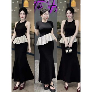 🛒 Set Áo Sát Nách/ Tay Ngắn Cổ Tròn Vạt Chéo Phối Viền Voan Trắng Và Chân Váy Xòe Đuôi Cá - Dài Maxi Ôm Body Sexy