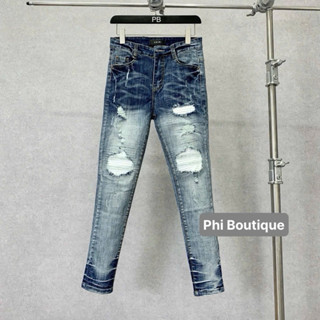 Quần jean bò nam Amiri slimfit xanh khói rách xước đùi gối vá da nhăn trắng ống kẻ xếp sóng cao cấp